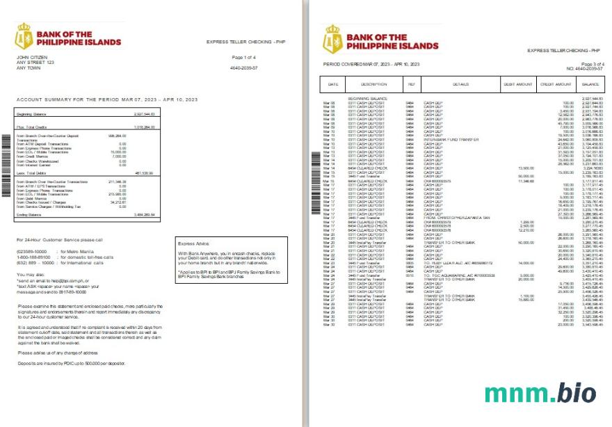 Philippines Bank Of The Philippine Islands konto statement szablon Worda i PDF